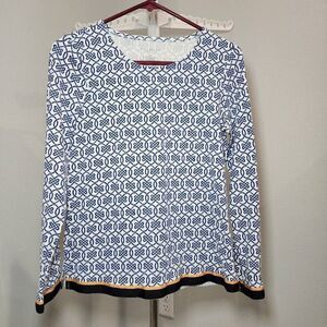 Talbots Women Blue and White Geometric Pattern small petite Blouse